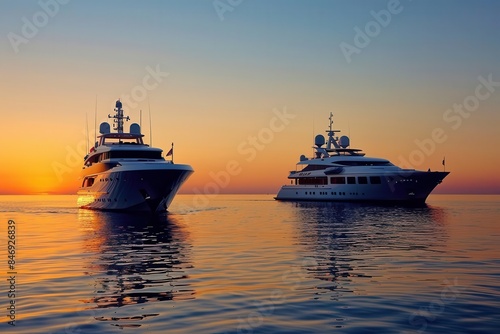luxurious yachts sailing at sunset silhouettes on calm blue sea romantic lifestyle concept