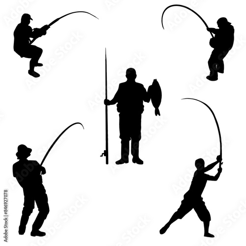 Silhouettes of Fishermen in Various Poses, Fishing and Catching Fish, Angler Silhouette Art