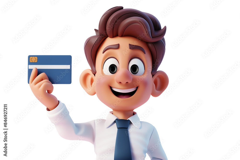 A cartoon man is holding a credit card and smiling. Concept of happiness and positivity, as the man is holding a symbol of financial security and accomplishment, isolated on a transparent background. A cartoon man is holding a credit card and smiling. Concept of happiness and positivity, as the man is holding a symbol of financial security and accomplishment, isolated on a transparent background.