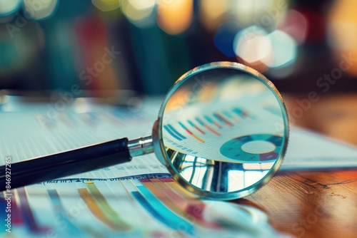 magnifying glass and analytics documents on table selective focus abstract photo photo