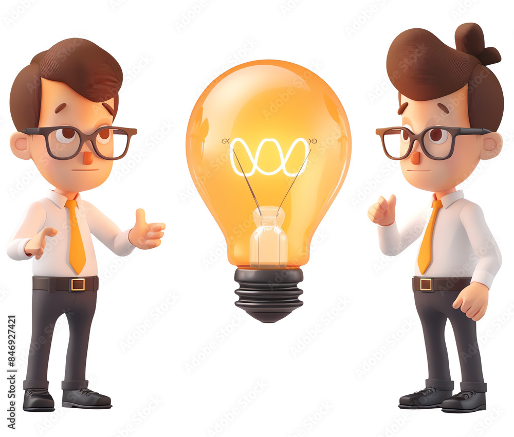 men in glasses are standing next to a light bulb. One of them is pointing at the bulb, isolated on a transparent background. men in glasses are standing next to a light bulb. One of them is pointing at the bulb, isolated on a transparent background.
