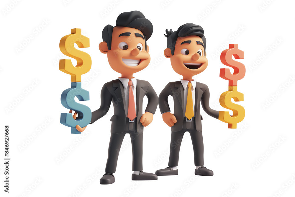 Two men are holding up a dollar sign and smiling. Concept of happiness and success, isolated on a transparent background. Two men are holding up a dollar sign and smiling. Concept of happiness and success, isolated on a transparent background.