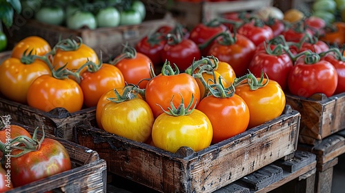 Scene of a traditional farmers' market stall adorned with vibrant tomatoes in an assortment of colors, attracting visitors and promoting local produce during British Tomato Fortnight festivals