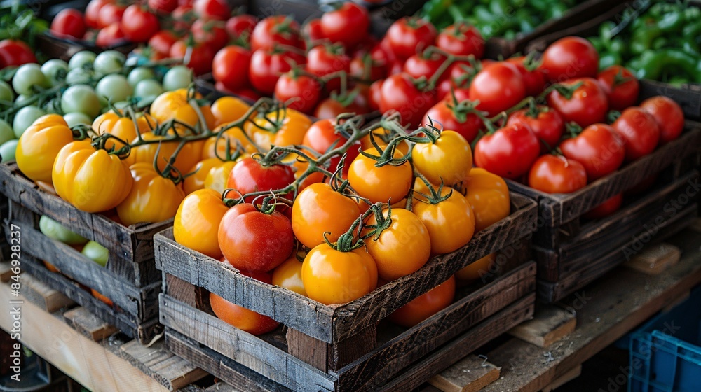 Scene of a traditional farmers' market stall adorned with vibrant tomatoes in an assortment of colors, attracting visitors and promoting local produce during British Tomato Fortnight festivals Scene of a traditional farmers' market stall adorned with vibrant tomatoes in an assortment of colors, attracting visitors and promoting local produce during British Tomato Fortnight festivals
