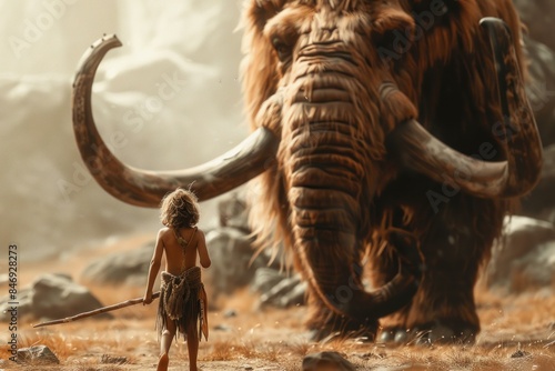 Illustration of a brave primitive hunter facing a colossal mammoth in a dramatic prehistoric landscape