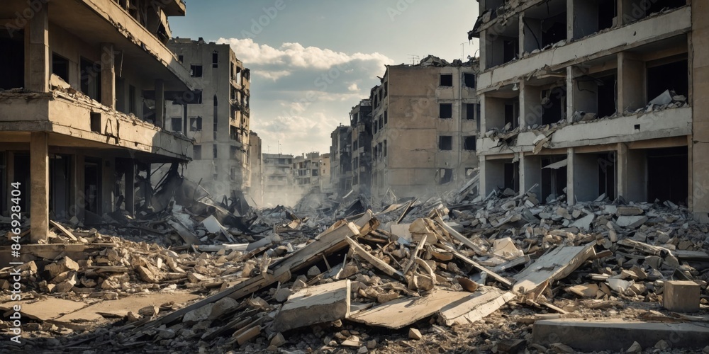 A devastated urban landscape showing the ruins of buildings post-conflict, with rubble and desolation A devastated urban landscape showing the ruins of buildings post-conflict, with rubble and desolation