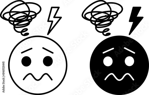 Nervous icons. Black and White Vector Icons of Anxious Face. Emotions, Mental Health, Mental Health. Mood Concept