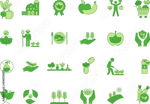 Green Set of Organic Farming Icons. Vector Icons of Vegetables, Fruits, Farm, Organic Market, Organic Label, Organic, Chemical Free, Vegan, Bio, Harvest and Others