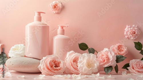 Wallpaper Mural Commercial photography of two pale pink shampoo bottles placed next to a rock Torontodigital.ca