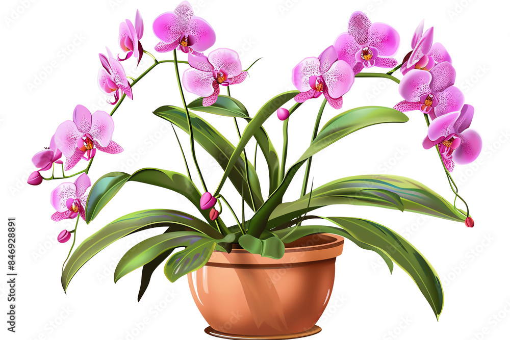 A beautiful potted orchid with delicate pink flowers, isolated on transparent or white background
A beautiful potted orchid with delicate pink flowers, isolated on transparent or white background