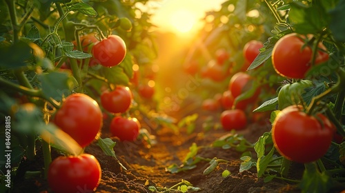 Scene of a vegetable garden with tomatoes growing on the vine, captured in the golden hour light, perfect for British Tomato Fortnight festivals promotion