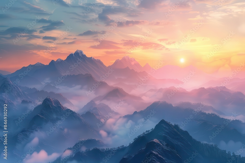 Fototapeta premium majestic sunrise over misty mountain peaks vibrant aigenerated landscape