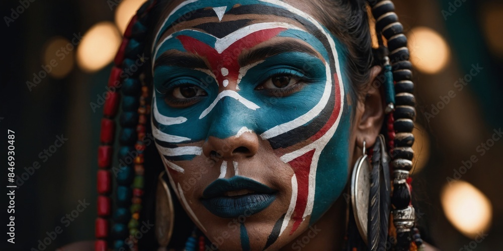 Detailed portrait of a woman with striking blue and white tribal face paint, reflecting traditional art Detailed portrait of a woman with striking blue and white tribal face paint, reflecting traditional art