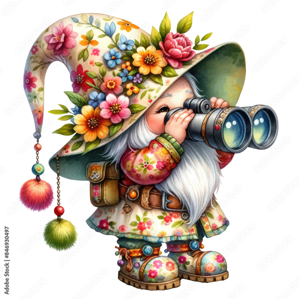 Naklejka premium Whimsical gnome with floral hat, using binoculars. Charming Transparent background