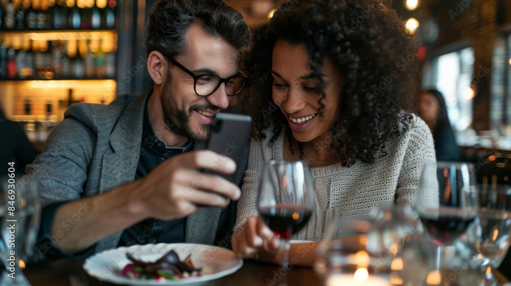 A couple experiencing a cyber attack while paying with their cell phone at a restaurant.