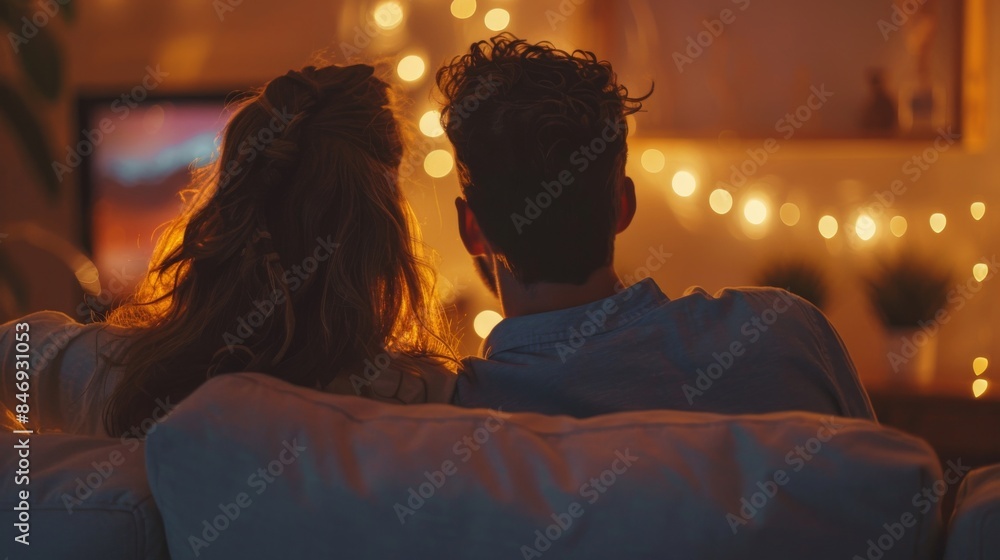 A couple watching a romantic movie, with soft, warm lighting. A couple watching a romantic movie, with soft, warm lighting.