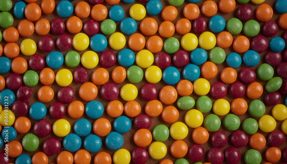 A close-up shot of colorful candy-coated chocolate buttons arranged in a repeating pattern A close-up shot of colorful candy-coated chocolate buttons arranged in a repeating pattern