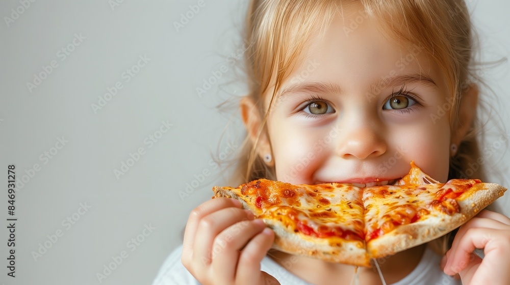 A young girl with blonde hair bites into a slice of pizza, smiling A young girl with blonde hair bites into a slice of pizza, smiling