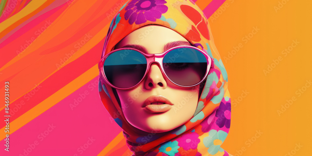 Stylish woman in hijab and sunglasses on vibrant background. Stylish woman in hijab and sunglasses on vibrant background.