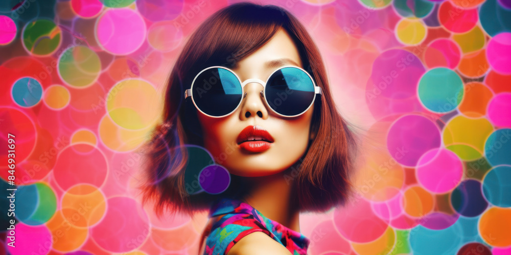 Glamorous woman in vibrant background with large sunglasses. Glamorous woman in vibrant background with large sunglasses.