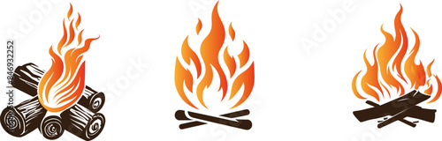Bonfire icon set .Fire is burning.Fire icon with a logs. . Fire flame vector silhouette.