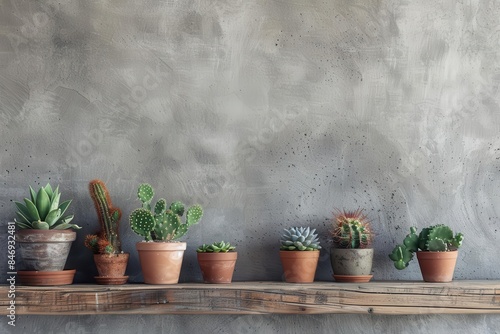 minimalist indoor jungle potted cacti and succulents on rustic wooden shelf concrete wall loft interior