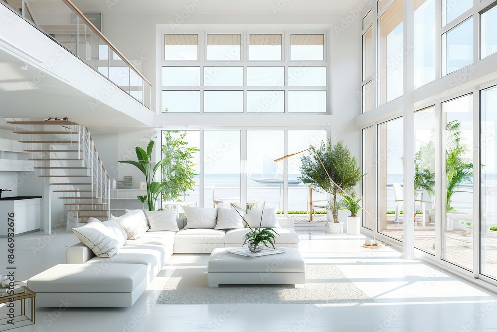 Fototapeta premium minimalist living room with large windows and loft interior modern design in bright airy space 3d illustration