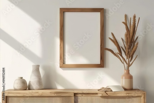minimalist mockup wooden photo frame on white wall mounted above cabinet
