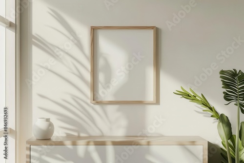 minimalist mockup wooden photo frame on white wall mounted above cabinet photo