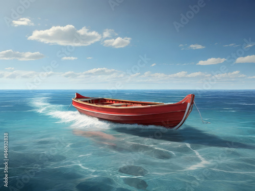 A red rowboat with white trim is sailing on the ocean on a sunny day. The boat is creating a wake in the water