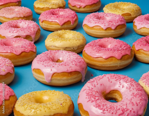 An assortment of freshly glazed donuts with pink and yellow frosting and sprinkles arranged on a blue surface
