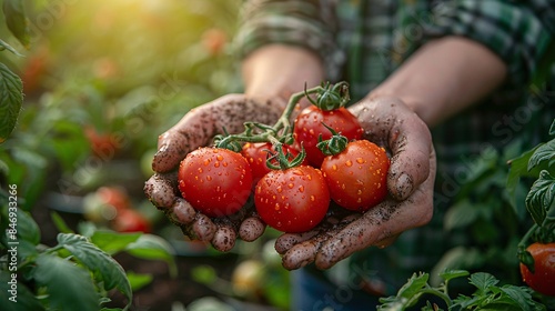 Close-up of freshly picked tomatoes in a farmer's hand, emphasizing the connection between the grower and the produce during British Tomato Fortnight festivals