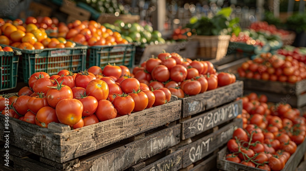 Scene of a bustling farmer's market with tomatoes displayed prominently, capturing the essence of British Tomato Fortnight festivals and community engagement Scene of a bustling farmer's market with tomatoes displayed prominently, capturing the essence of British Tomato Fortnight festivals and community engagement