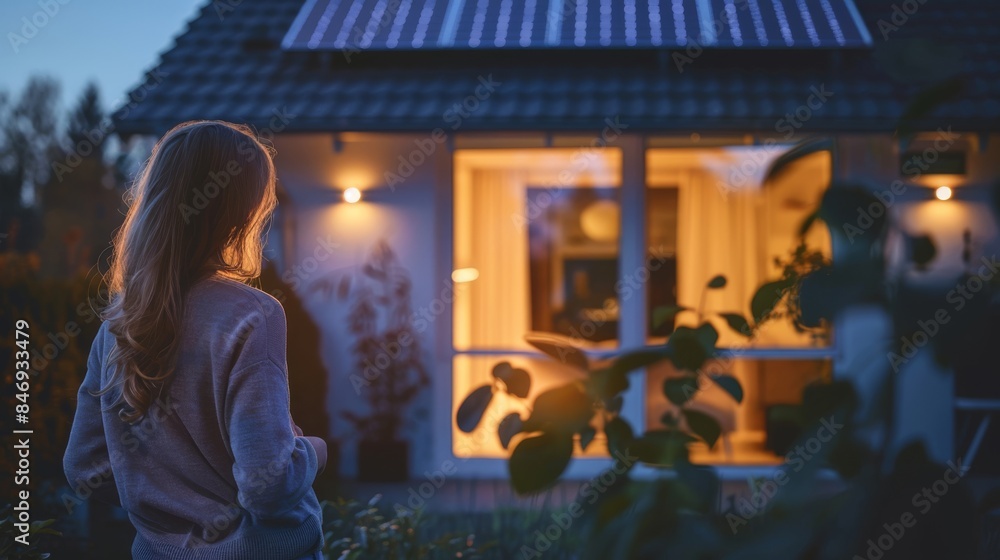 A person or family using smart home devices (lighting, HVAC) with solar panels visible through a window. A person or family using smart home devices (lighting, HVAC) with solar panels visible through a window.