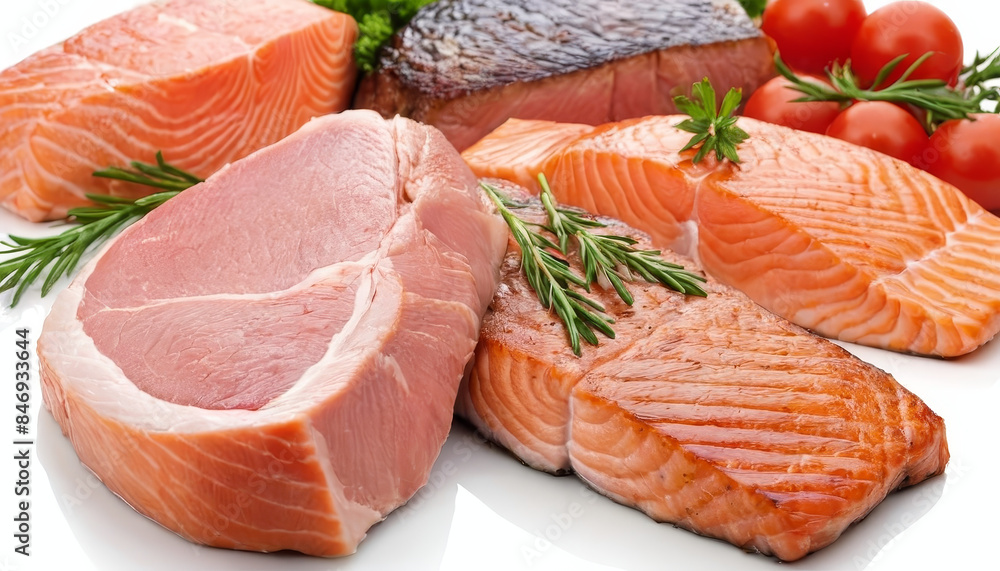 Three raw and cooked salmon fillets with skin and rosemary sprigs, ready for cooking Three raw and cooked salmon fillets with skin and rosemary sprigs, ready for cooking
