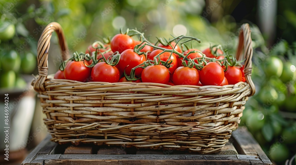 Close-up of a basket filled with freshly picked tomatoes, highlighting the freshness and organic nature of the produce during British Tomato Fortnight festivals Close-up of a basket filled with freshly picked tomatoes, highlighting the freshness and organic nature of the produce during British Tomato Fortnight festivals