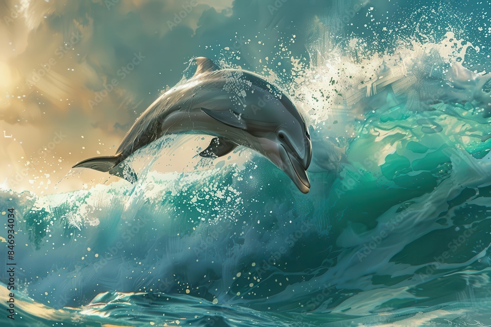 Fototapeta premium dolphin jumping out of water dynamic aquatic scene digital painting