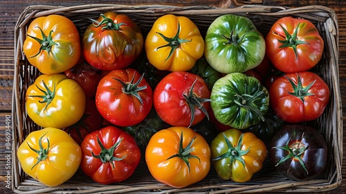British Tomato Fortnight festivals concept featuring a vibrant display of heirloom tomatoes in various colors, arranged in a basket on a rustic wooden table, emphasizing freshness and organic produce photo
