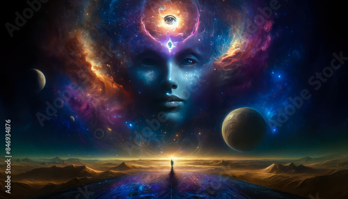 Surreal Cosmic Landscape with Ethereal Woman's Head and Third Eye, Visionary Dreamer with Third Eye Open, Exploring Otherworldly Realms, AI Generated.	
