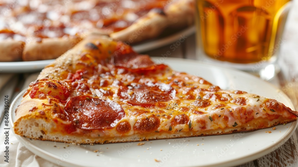 A close-up of a single slice of pepperoni pizza on a white plate A close-up of a single slice of pepperoni pizza on a white plate