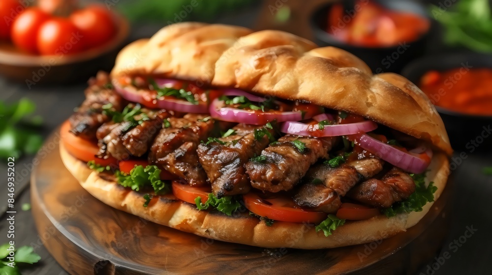 A sandwich with meat and onions on a wooden board A sandwich with meat and onions on a wooden board