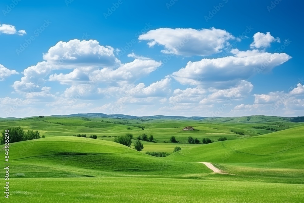 Tranquil panoramic view of expansive rural farmland landscape in serene natural background setting
