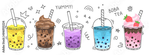 Bubble tea set. Bubble tea cups isolated on a white background. vector illustration