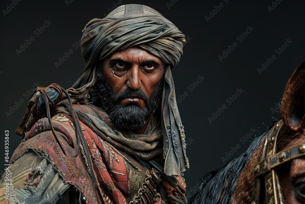Obraz premium Intense portrait of a weathered desert nomad in traditional attire with his loyal horse