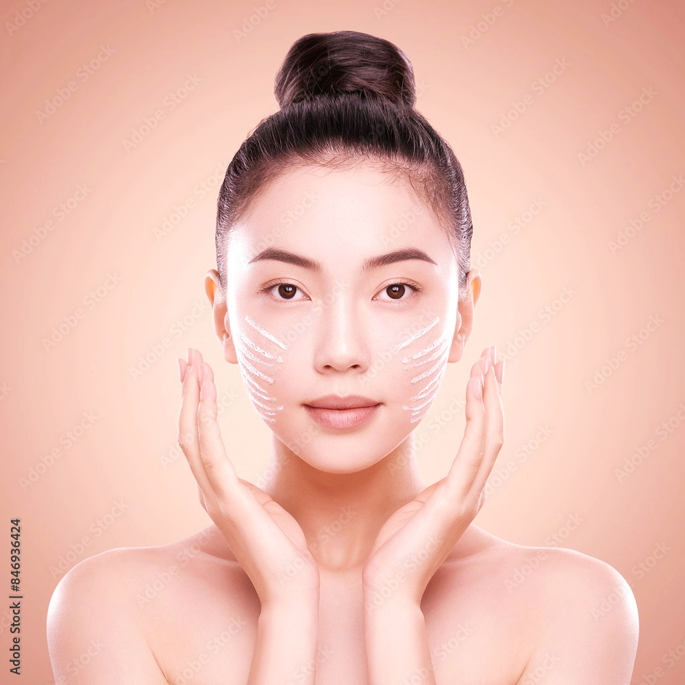 Beautiful young asian woman with clean fresh skin on beige background, Face care, Facial treatment, Cosmetology, beauty and spa, Asian women portrait. Beautiful young asian woman with clean fresh skin on beige background, Face care, Facial treatment, Cosmetology, beauty and spa, Asian women portrait.
