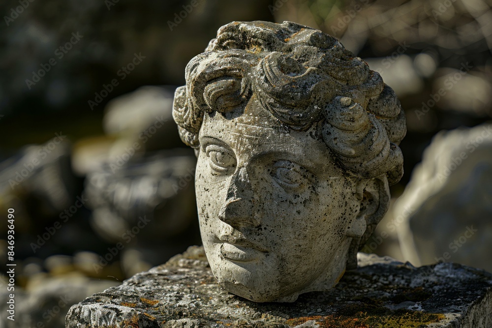 Closeup of a weathered stone sculpture head with intricate details, set against a natural backdrop Closeup of a weathered stone sculpture head with intricate details, set against a natural backdrop