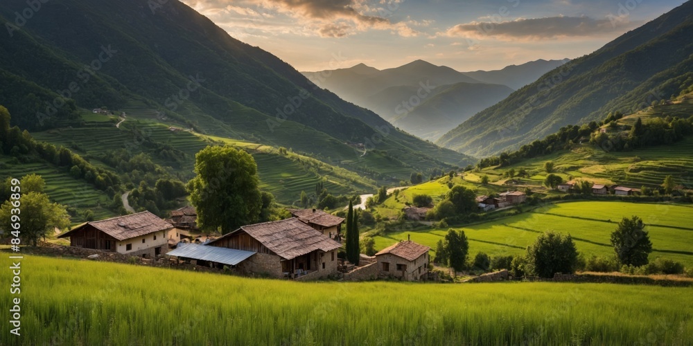Obraz premium A tranquil scene in a valley with green fields and scattered houses surrounded by mountains at sunset