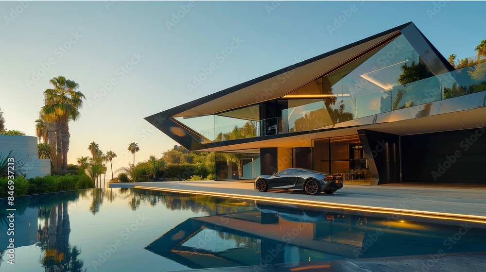 Fototapeta premium 4-story house underground parking metallic glass modern furniture, exterior, luxury. Generative AI.