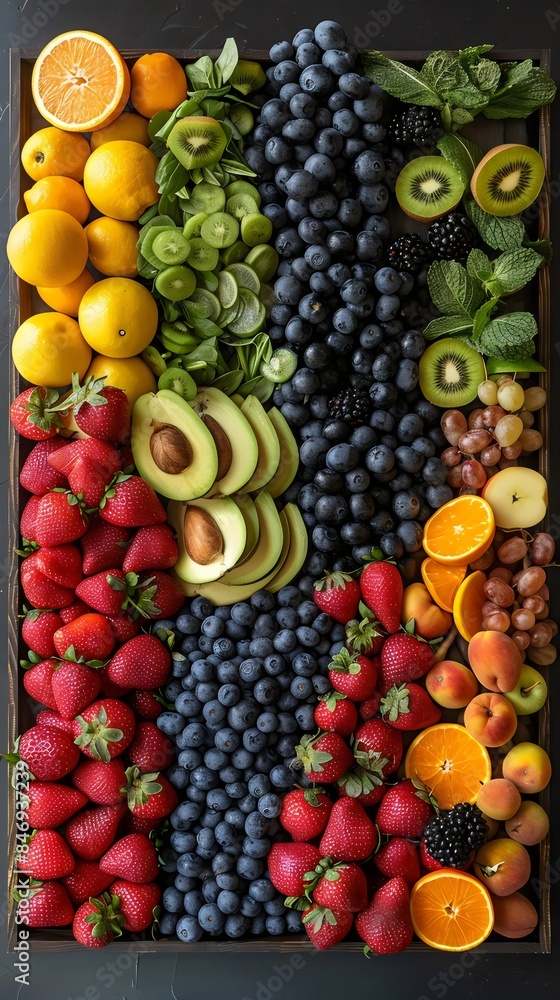 A colorful fruit platter with a variety of fruits including oranges, kiwis A colorful fruit platter with a variety of fruits including oranges, kiwis