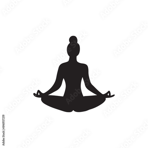 Beautiful woman sitting in asana yoga pose in black isolated on white background. Hand drawn vector silhouette illustration. Easy lotus pose, padmasana, healthy lifestyle, sport, meditation.